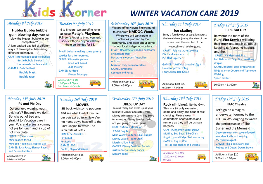 2019 WINTER Vacation Care Program Child Care Centre Nowra Kids 